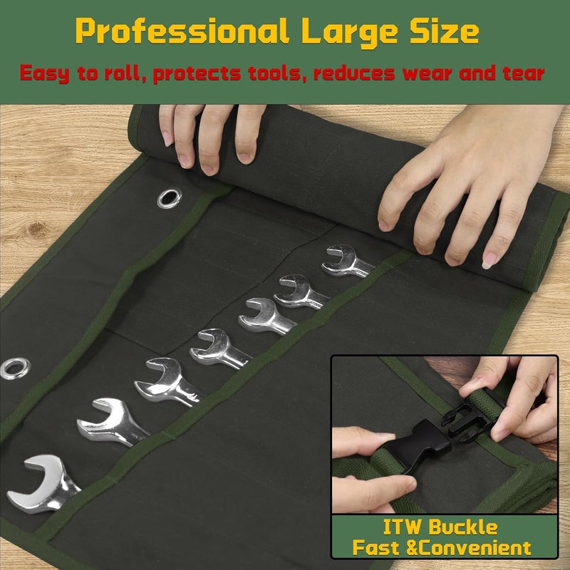 lelezone Heavy-Duty 32-Pocket Wrench Roll-Up Organizer - Made with 16 oz. Waxed Canvas, Fits Metric & SAE Wrenches, Perfect for Mechanics, DIYers, and Tool Storage (Army Green) - Image 5
